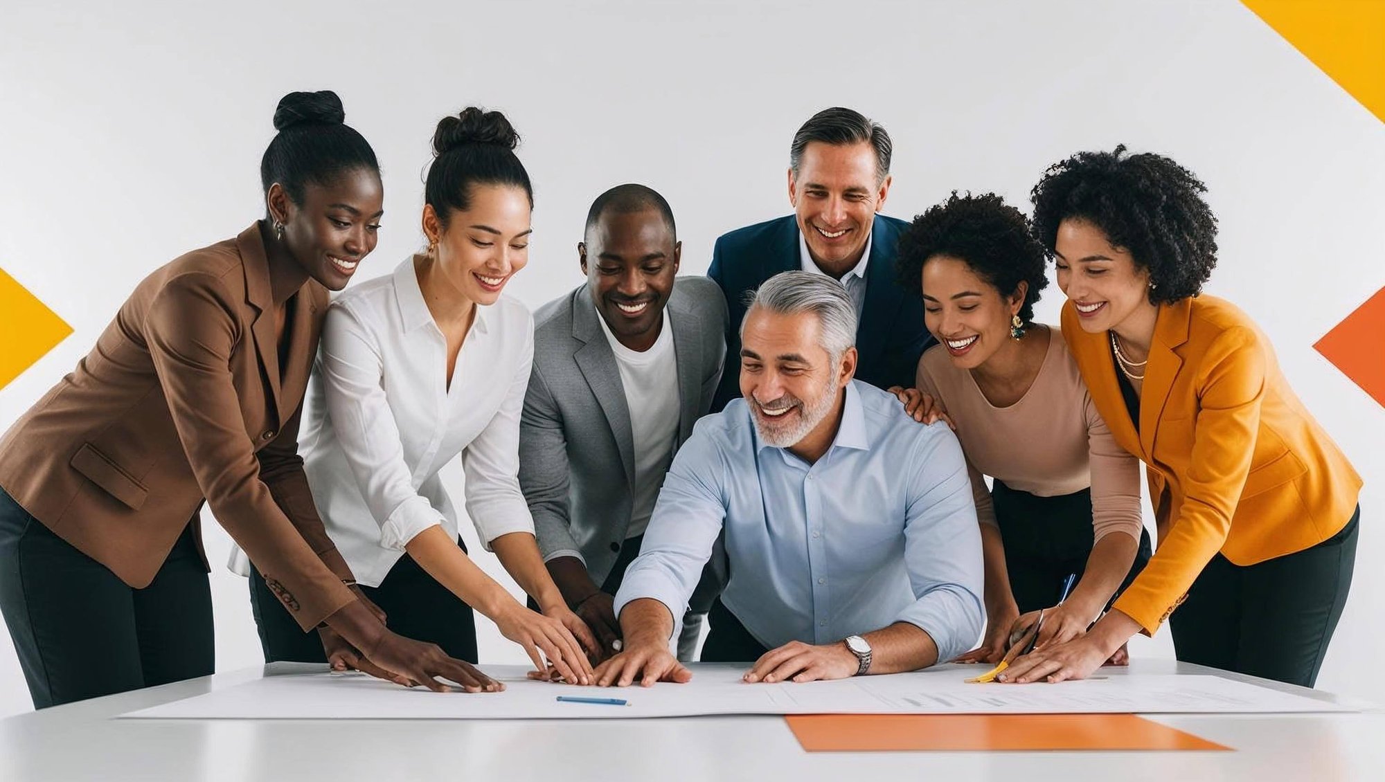 A modern, professional image depicting a diverse group of people, black, white and hispanic,  of varying ages, 30s-60s,  collaborating on a project. The image should feature a clean, minimalist style with a focus on teamwork and forward mom copy-1