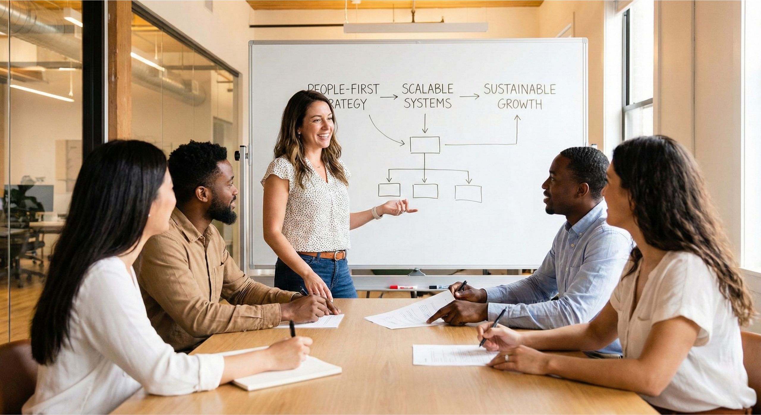Businessman pointing at screen and showing project details to colleague.