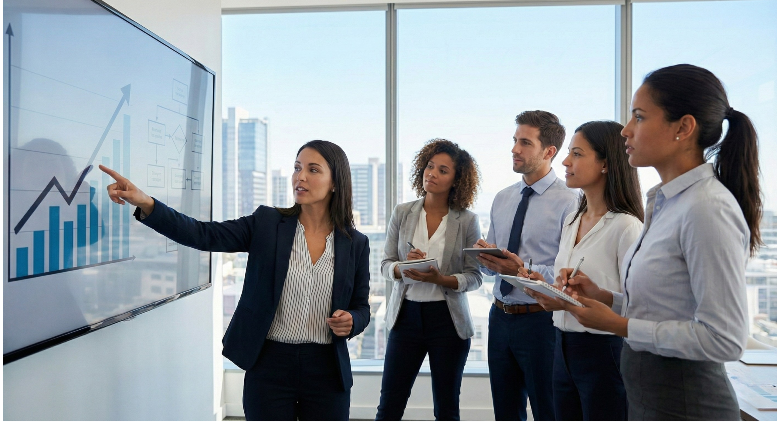Smiling business lady working with colleagues